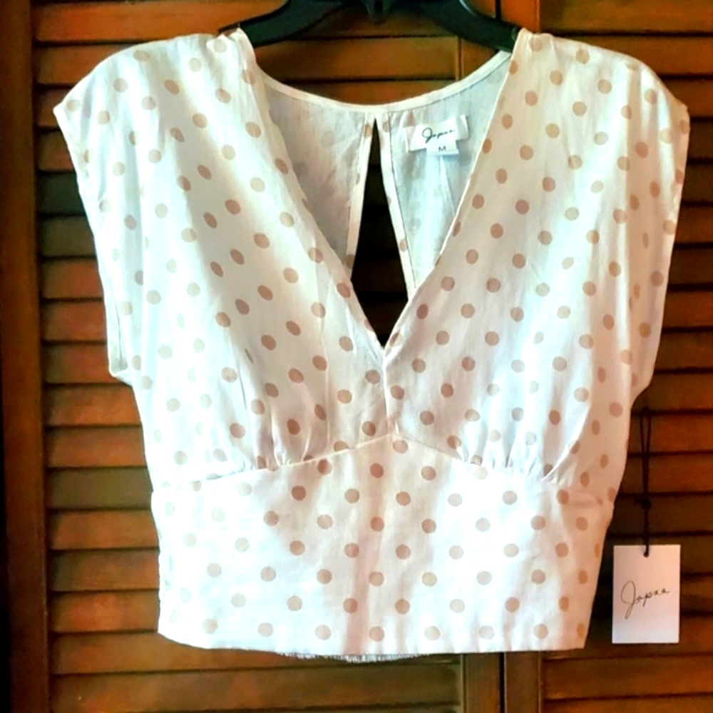 Japna Crop Top - White with Nude Polka Dots and Open Back with Tie. NEW Size M